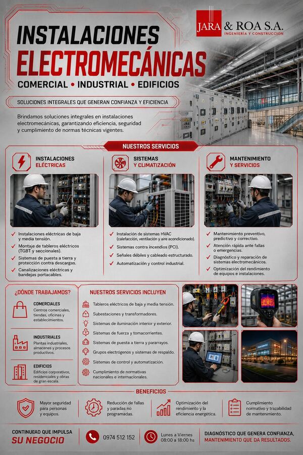 Infografía de instalaciones electromecánicas comerciales, industriales y de edificios — Jara & Roa S.A.