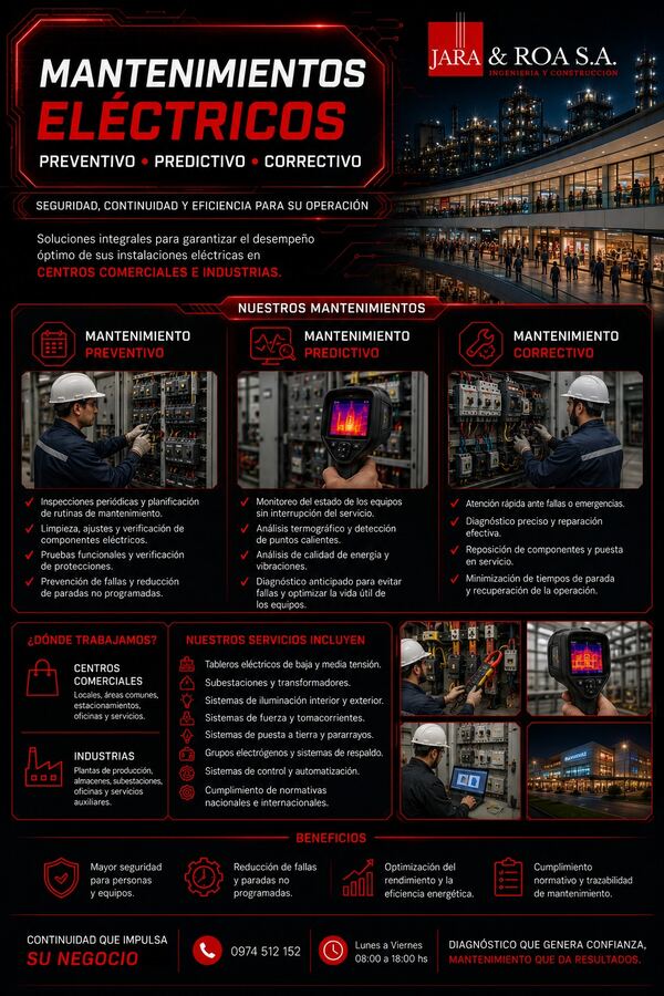 Infografía de mantenimientos eléctricos preventivo, predictivo y correctivo — Jara & Roa S.A.