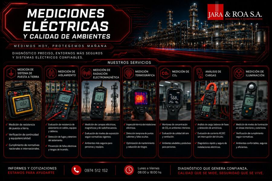 Infografía de mediciones eléctricas y calidad de ambientes — Jara & Roa S.A.